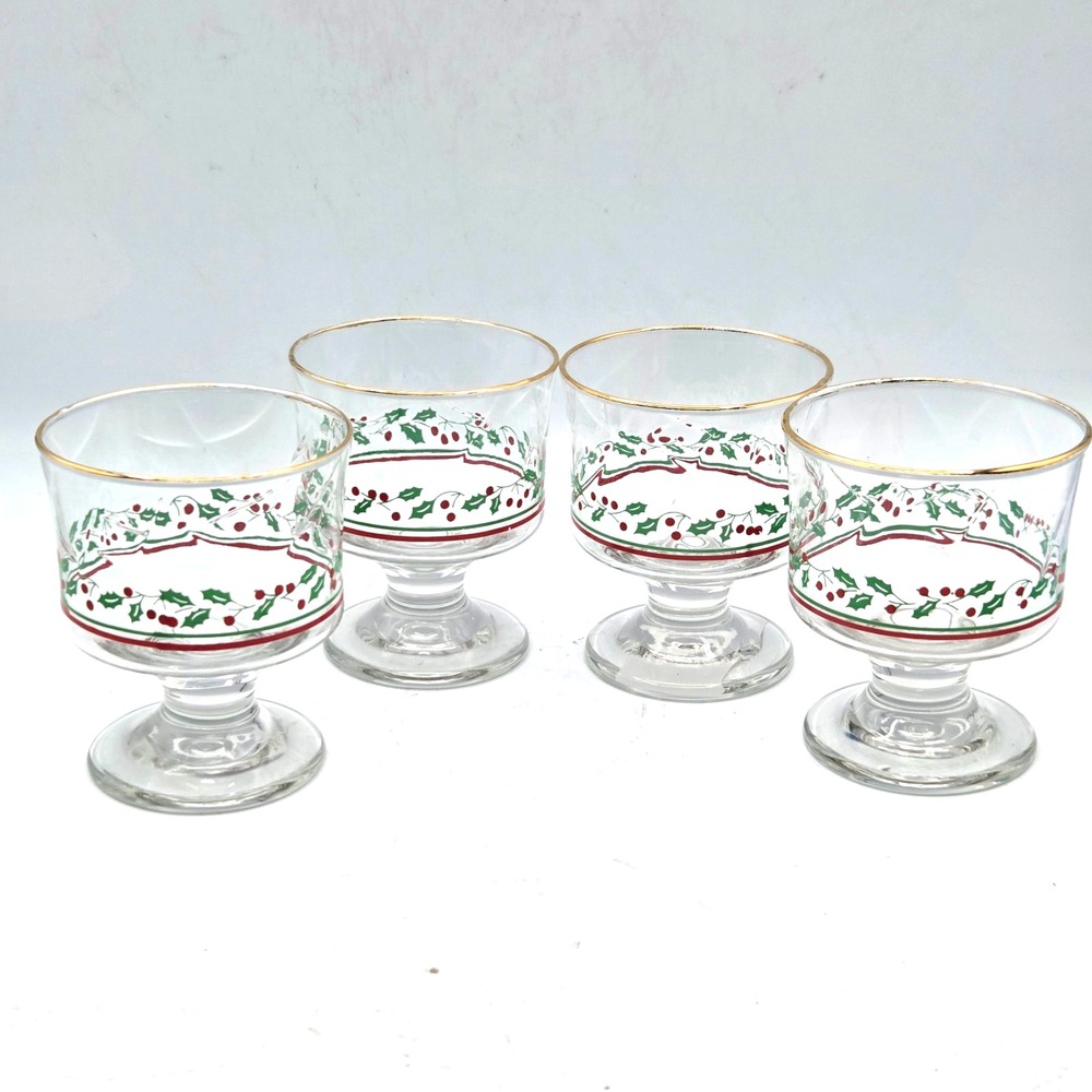 Arby's Libbey Dessert Dishes 4 Glasses Holly Berry Gold Rim Christmas